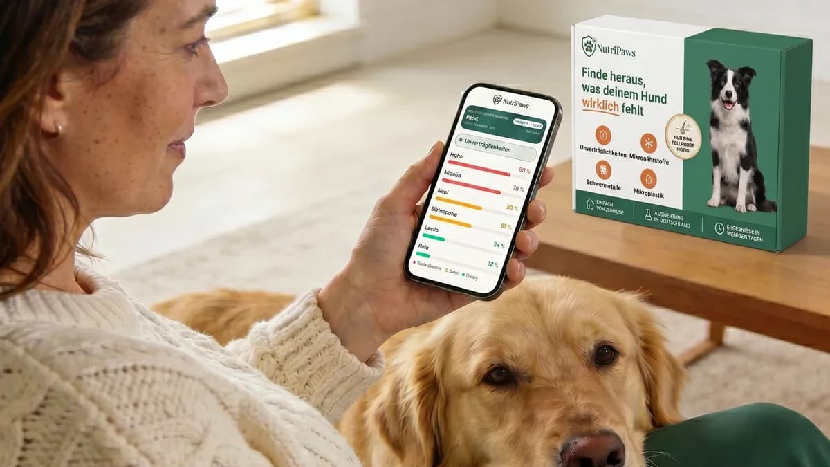 Hundehalterin liest auf dem Sofa den Report am Smartphone, ihr Golden Retriever liegt an sie gelehnt, daneben auf dem Tisch die Verpackung des Test-Kits, Sinnbild für Preis und Leistung einer NutriPaws Haaranalyse Hund