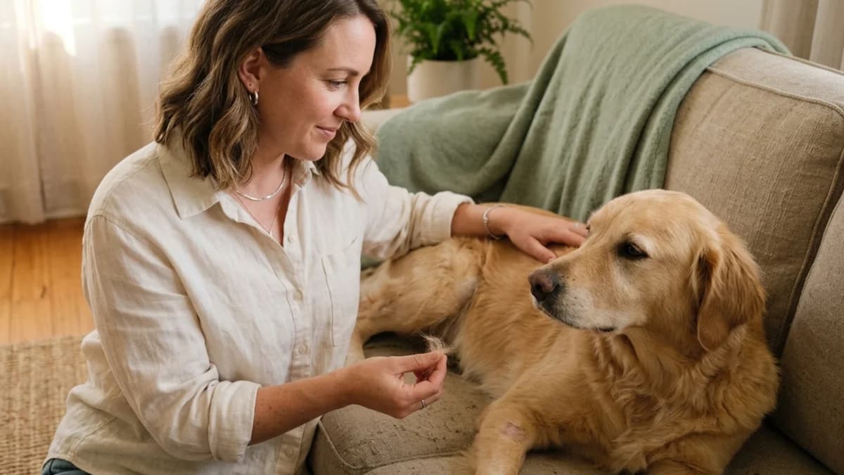 Halterin streichelt einen Hund mit beginnendem Haarausfall an der Flanke, sichtbares Haarbüschel zwischen den Fingern, ruhige natürliche Lichtstimmung