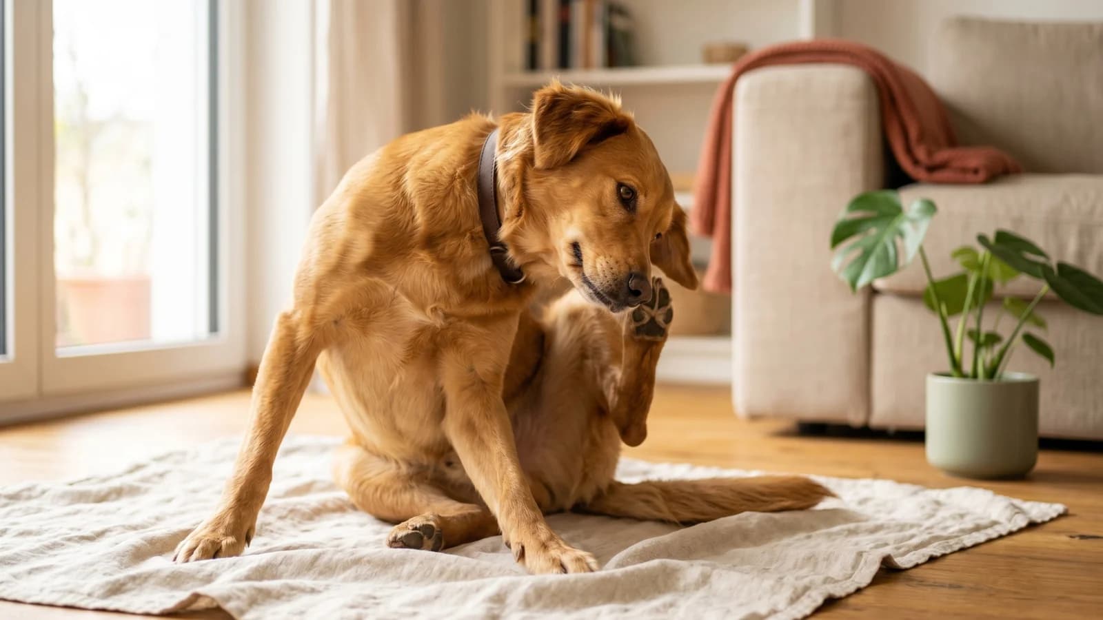 Hund kratzt sich am Ohr im sonnigen Wohnzimmer, typisches Symptom für eine NutriPaws Haaranalyse Hund bei anhaltendem Juckreiz