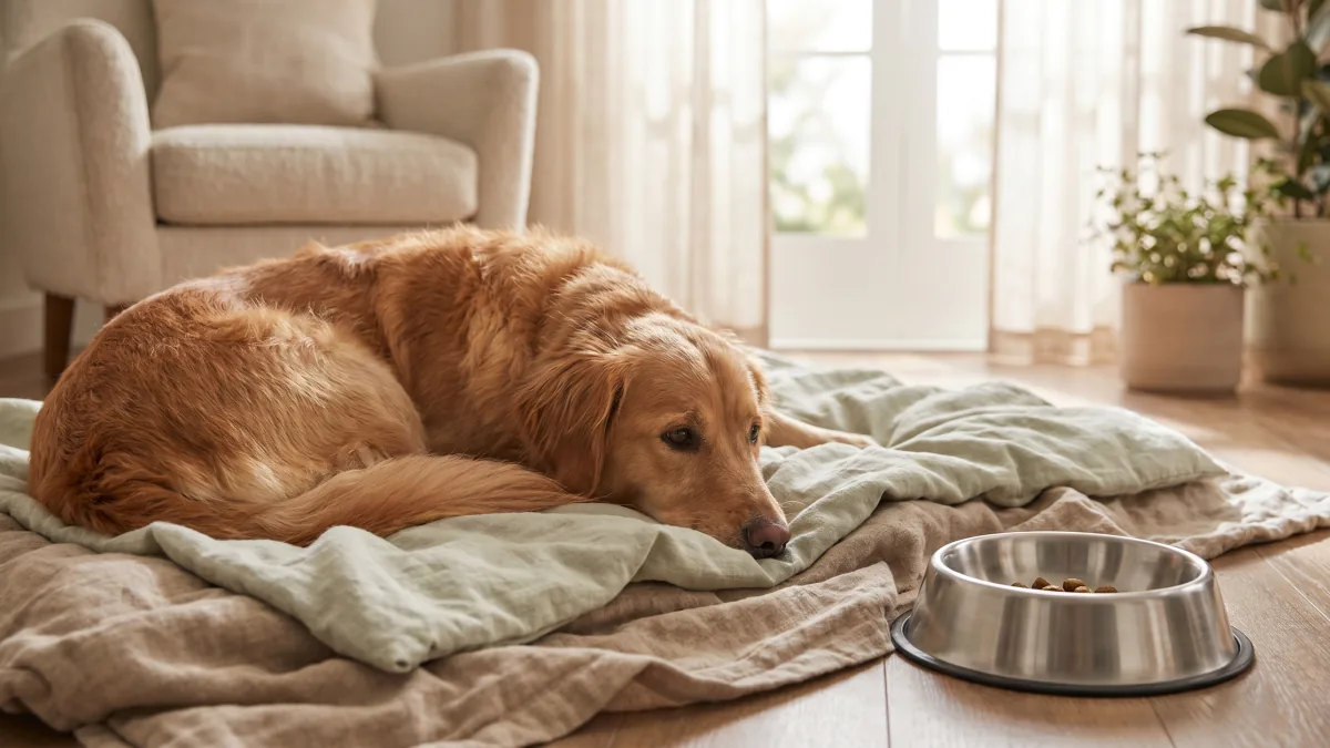 Hund liegt entspannt auf einer Baumwolldecke neben einem Edelstahlnapf, symbolisch für einen bewussten, plastikarmen Alltag als Vorsorge mit der NutriPaws Haaranalyse für Hunde