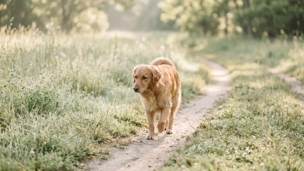 Hund läuft entspannt auf einem naturnahen Wiesenweg abseits der Straße, symbolisch für bewusste Schwermetall-Vorsorge im Alltag mit der NutriPaws Haaranalyse für Hunde