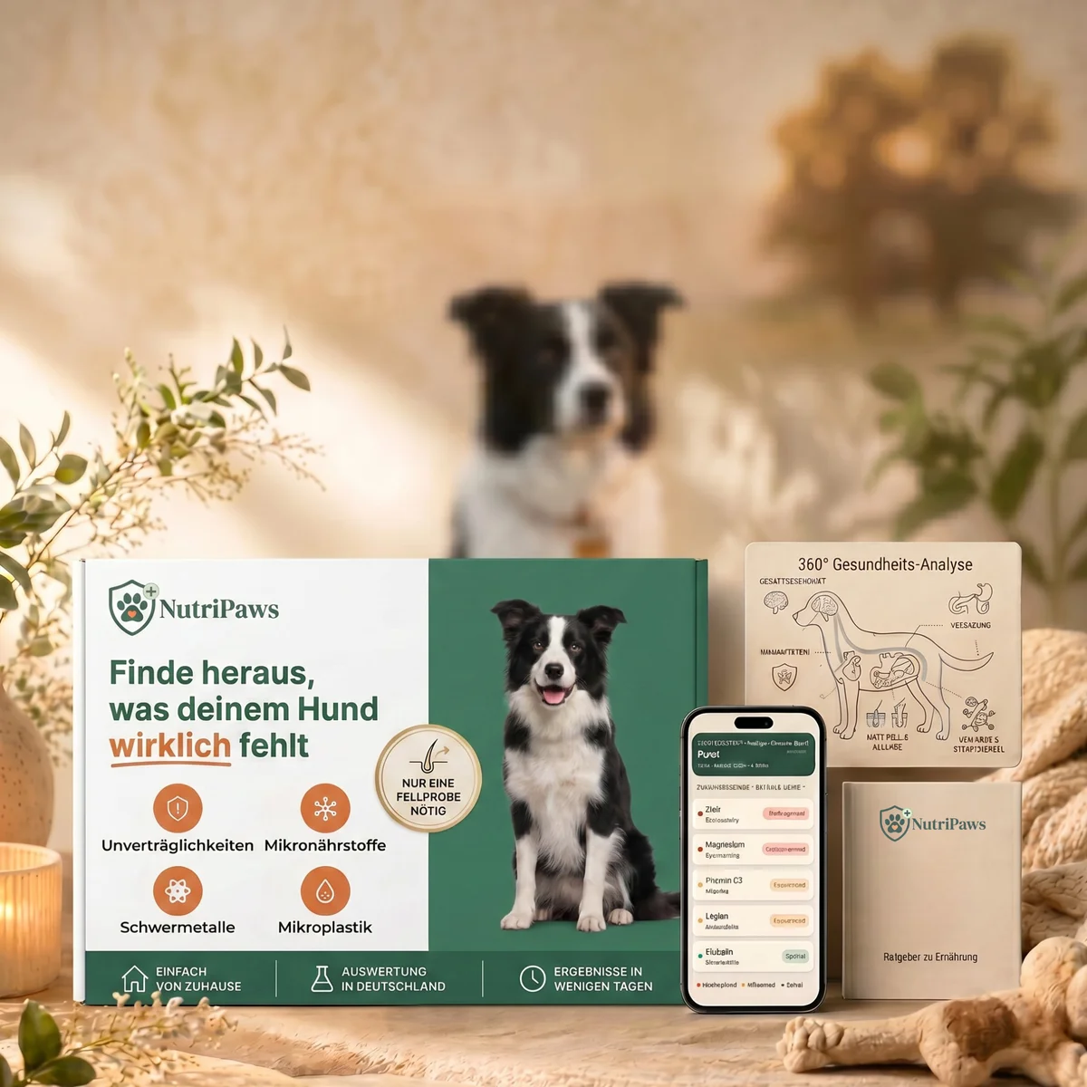 NutriPaws Haaranalyse für Haustiere - Test-Set mit Verpackung, PDF-Report am Smartphone und Ratgeber zur Ernährung