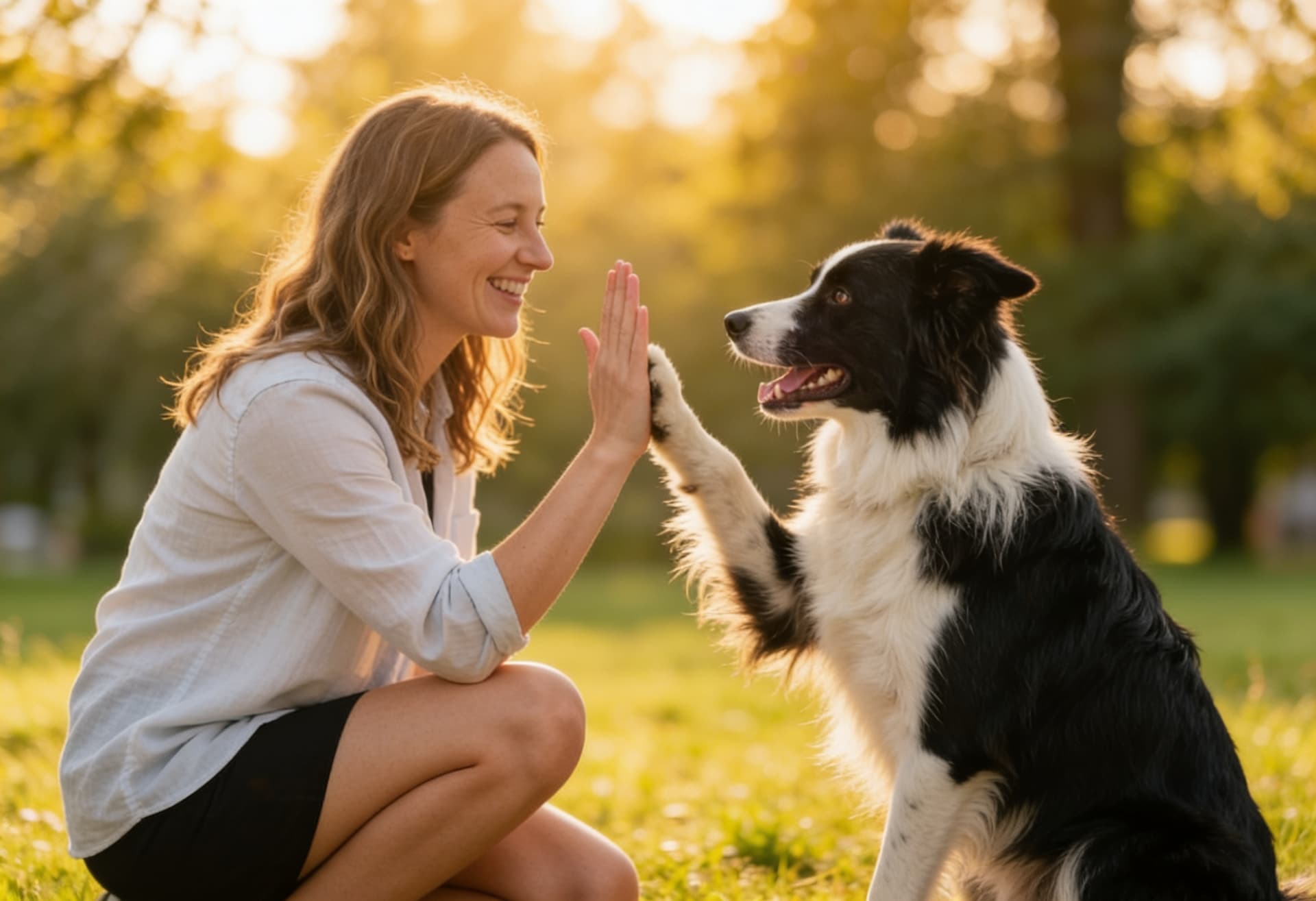 Hundebesitzerin gibt Border Collie High-Five - Erfolg nach einem Jahr NutriPaws Vorsorgeplan für Haustiere