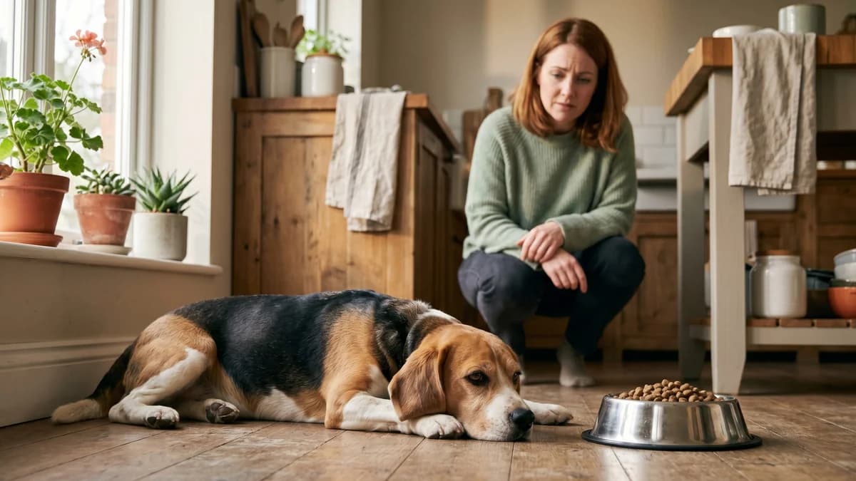 Hund liegt lustlos neben dem vollen Napf, im Hintergrund die besorgte Halterin, typische Situation bei Fressunlust und Anlass für eine NutriPaws Haaranalyse Hund
