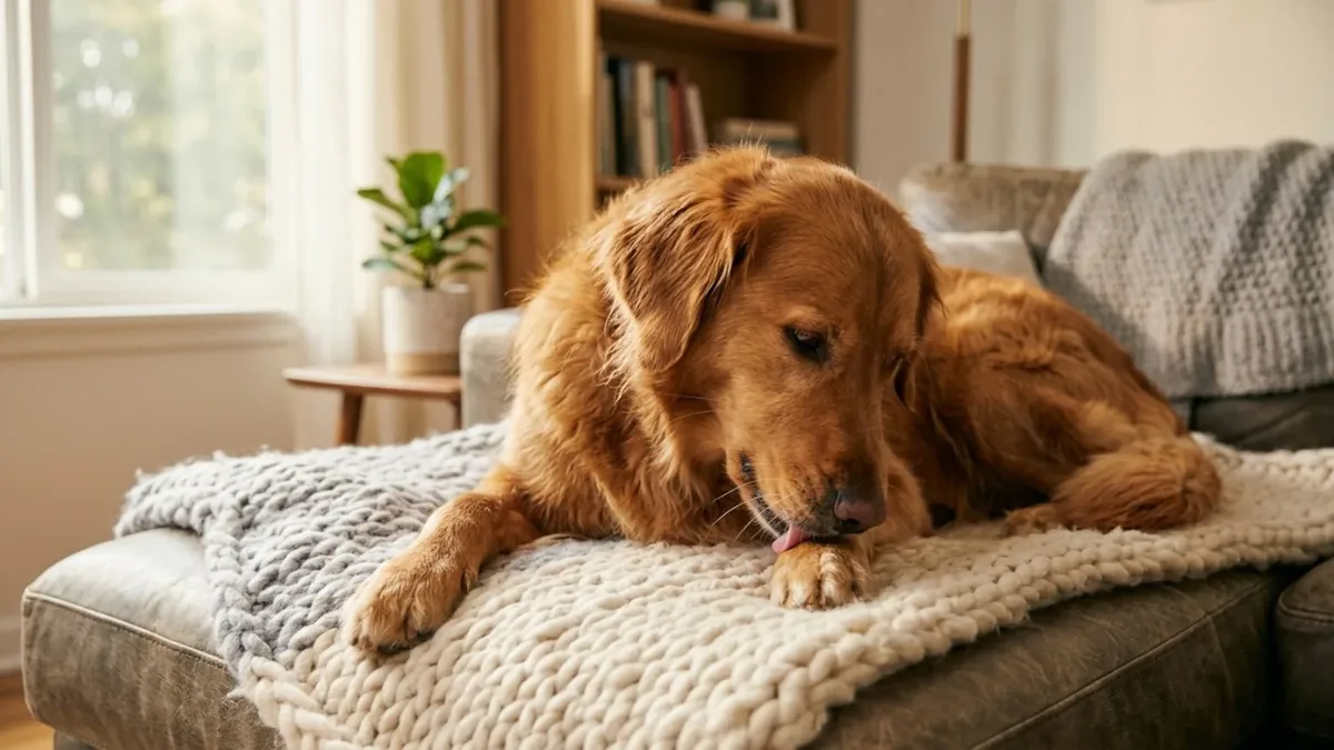 Golden Retriever liegt auf einer Strickdecke auf dem Sofa und leckt konzentriert seine Vorderpfote, warmes Tageslicht im Wohnzimmer, typische Situation für eine NutriPaws Haaranalyse Hund bei anhaltendem Pfoten-Lecken