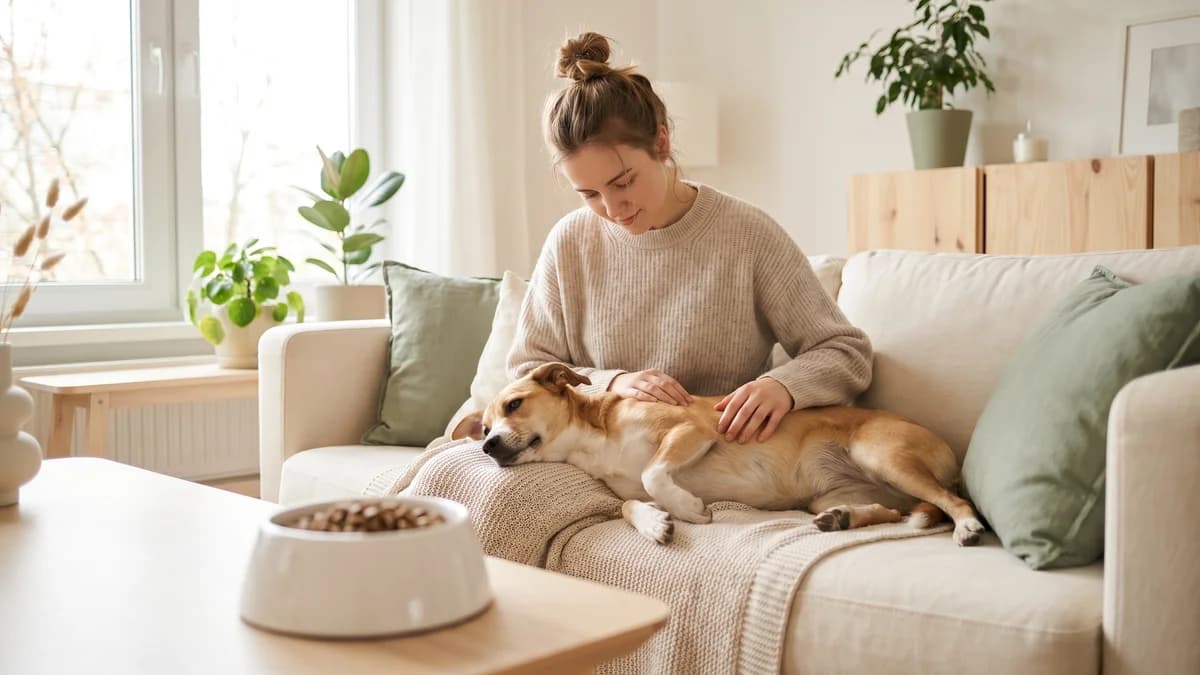 Halterin streichelt ihren ruhig auf einer hellen Decke liegenden Hund sanft am Bauch, voller Futternapf steht abseits, typische Situation bei Verdauungsproblemen und Anlass für eine NutriPaws Haaranalyse Hund