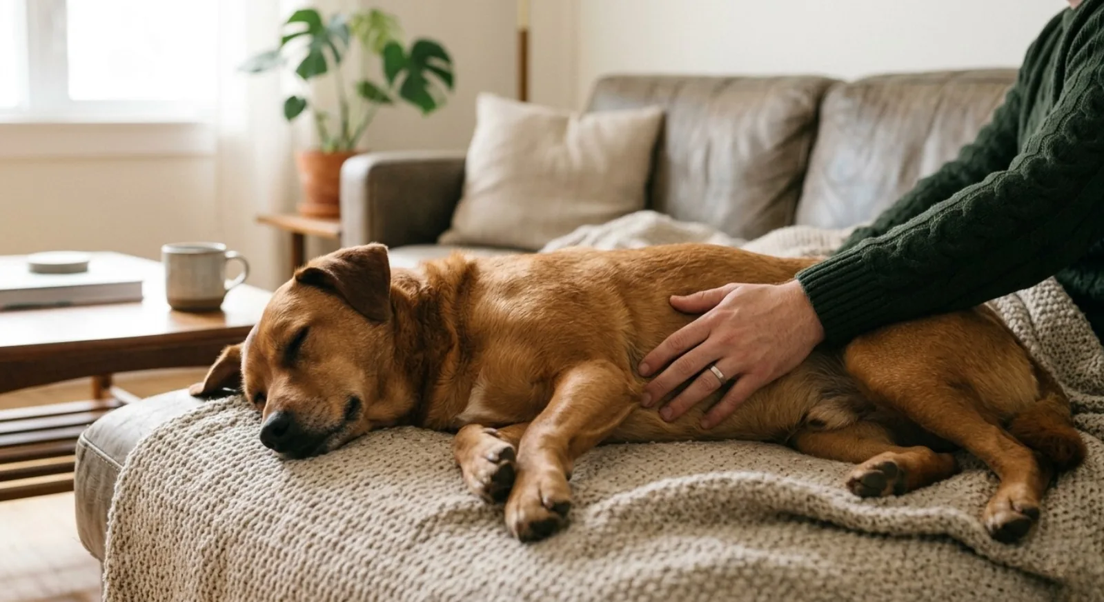 Hund liegt ruhig auf dem Sofa, die Hand der Halterin liegt am Bauch